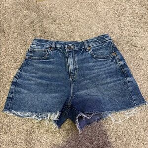 American Eagle Outfitters Distressed High-Waist Denim Shorts in Dark Blue